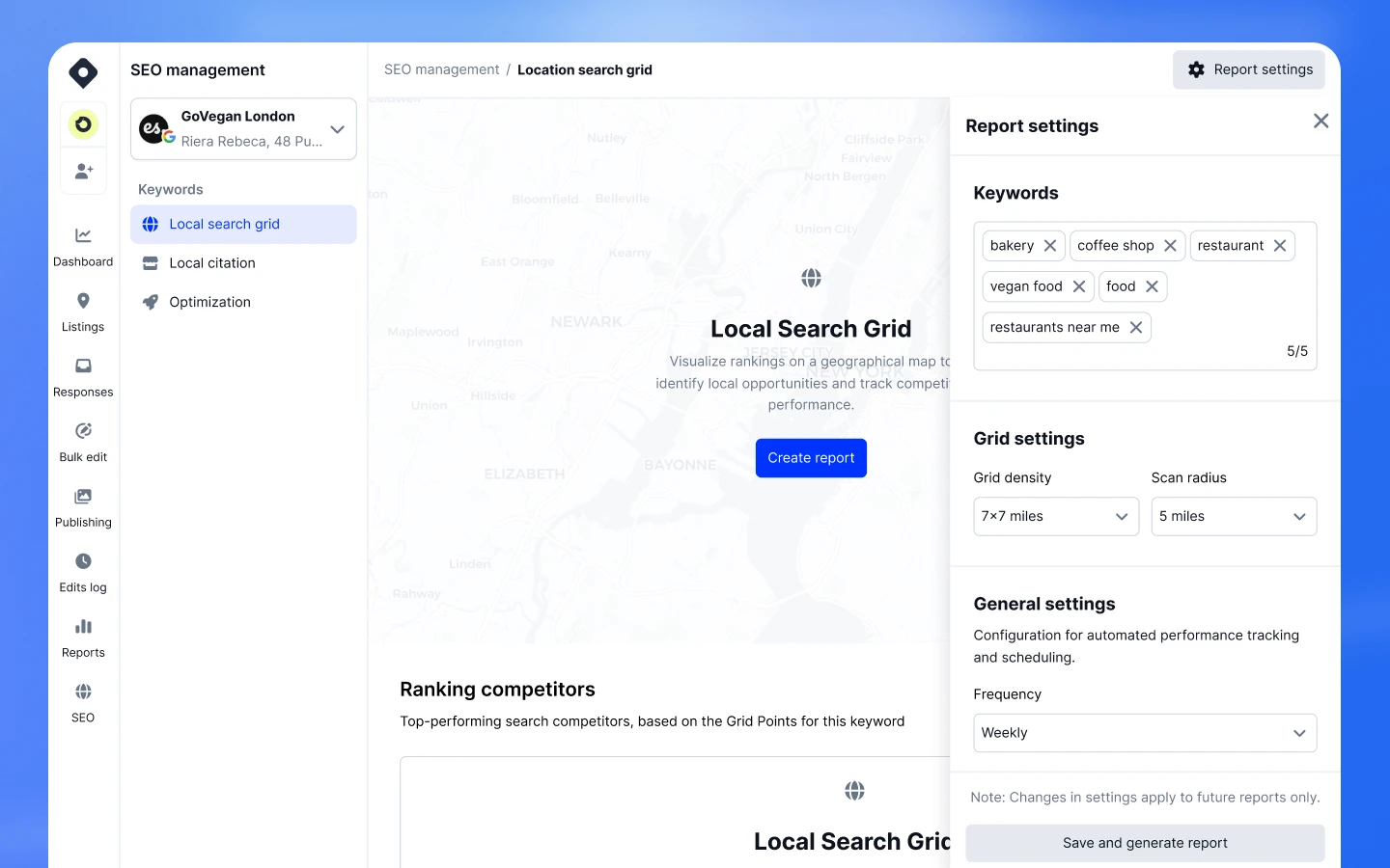Painel de definições do relatório com palavras-chave, frequência, densidade da grelha e raio de análise
