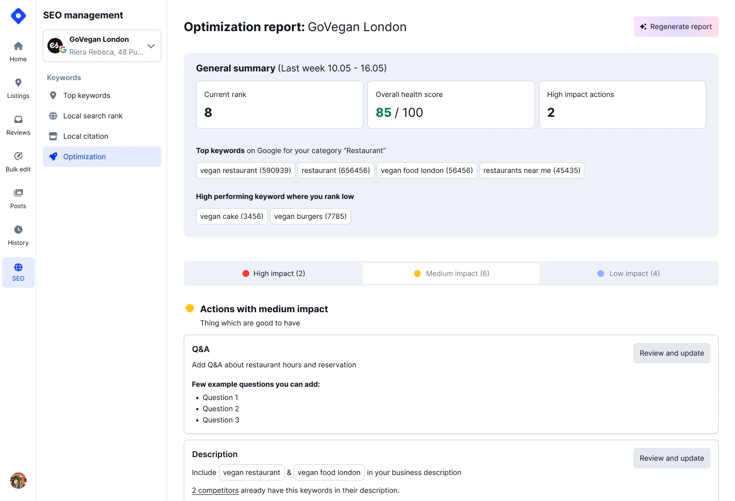 Relatório de auditoria de fichas com resumo de otimização SEO