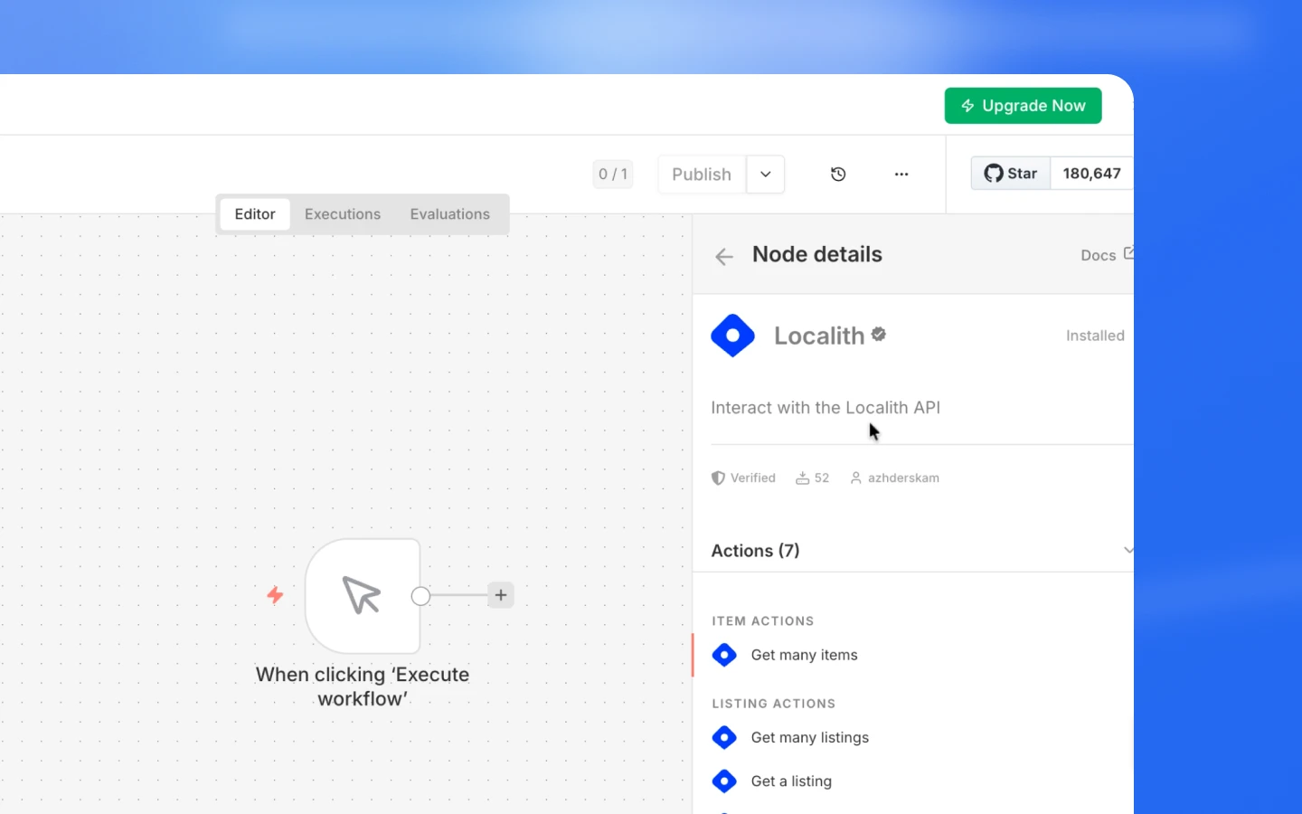 Painel de credenciais do n8n configurado para o nó comunitário Localith