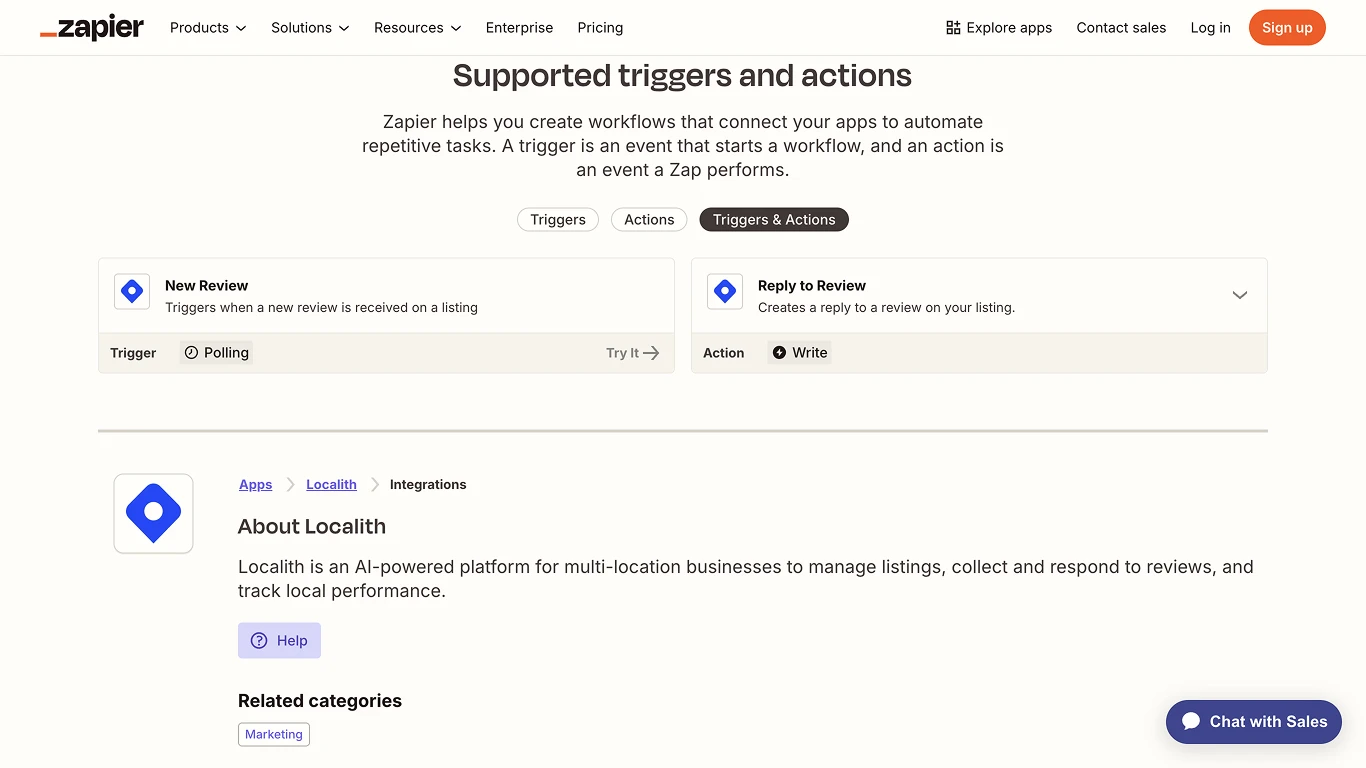 Localith Zapier integration page showing the New Review trigger and Reply to Review action