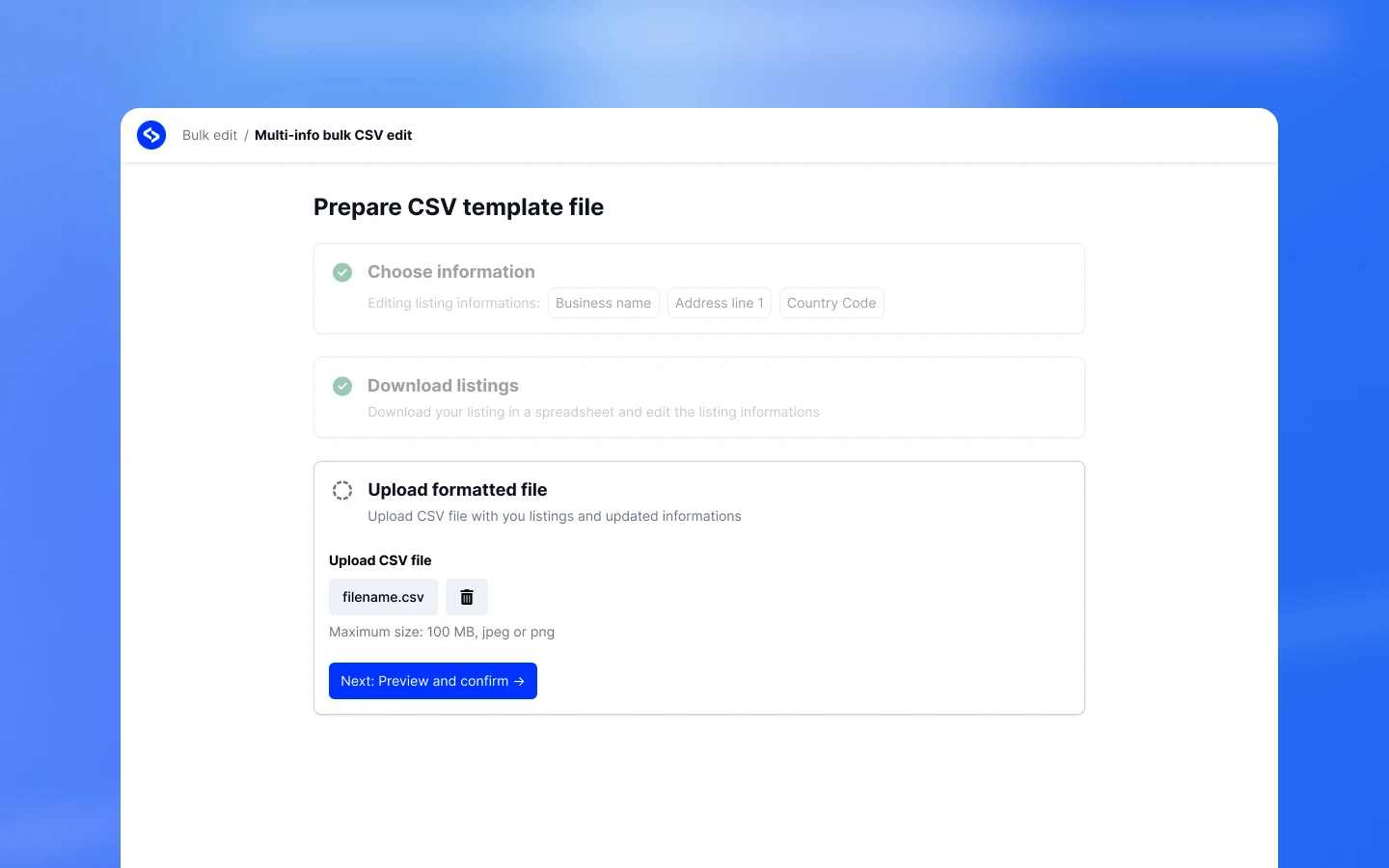 Fluxo de três passos da edição por CSV multi-informação com escolha do tipo de informação, descarga de fichas e carregamento de ficheiro