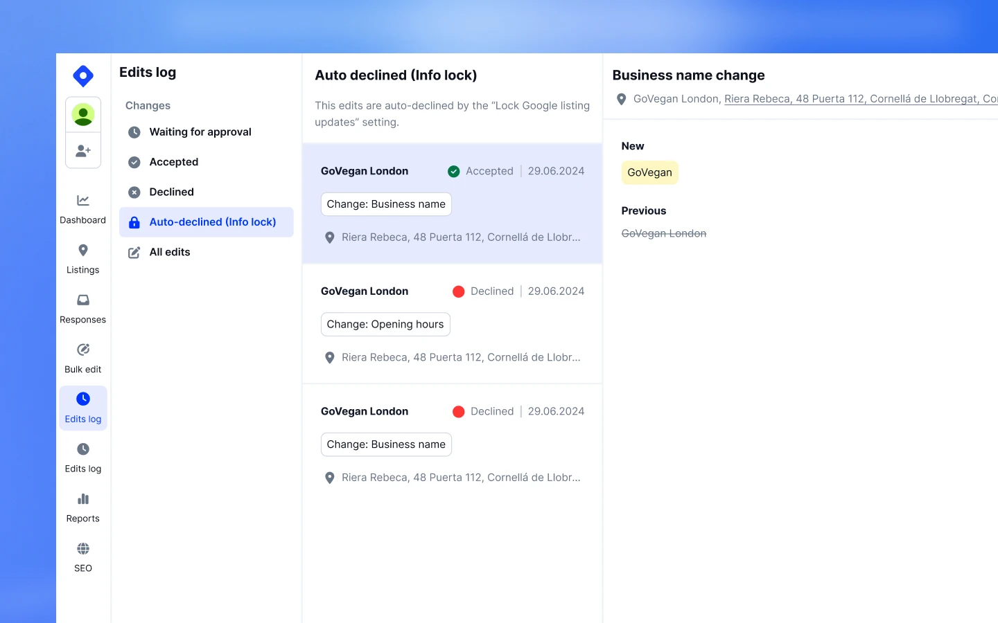 Registo de edições mostrando uma alteração automaticamente bloqueada pelo Bloqueio de Perfil