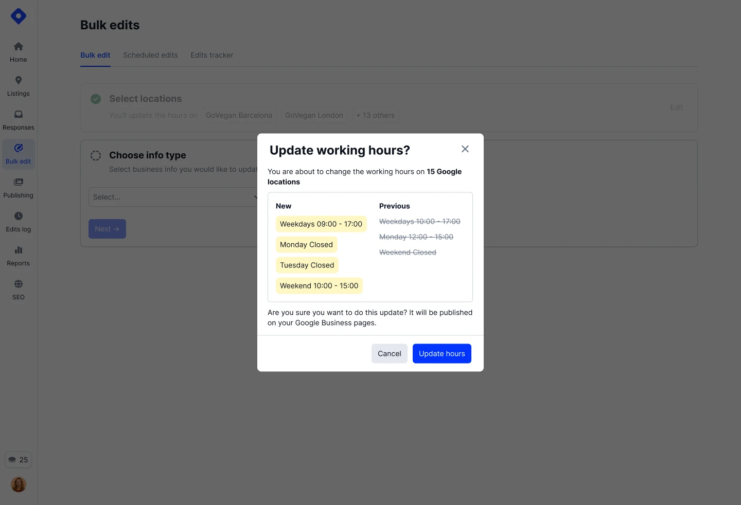 Bulk edit review screen previewing the change set before final apply