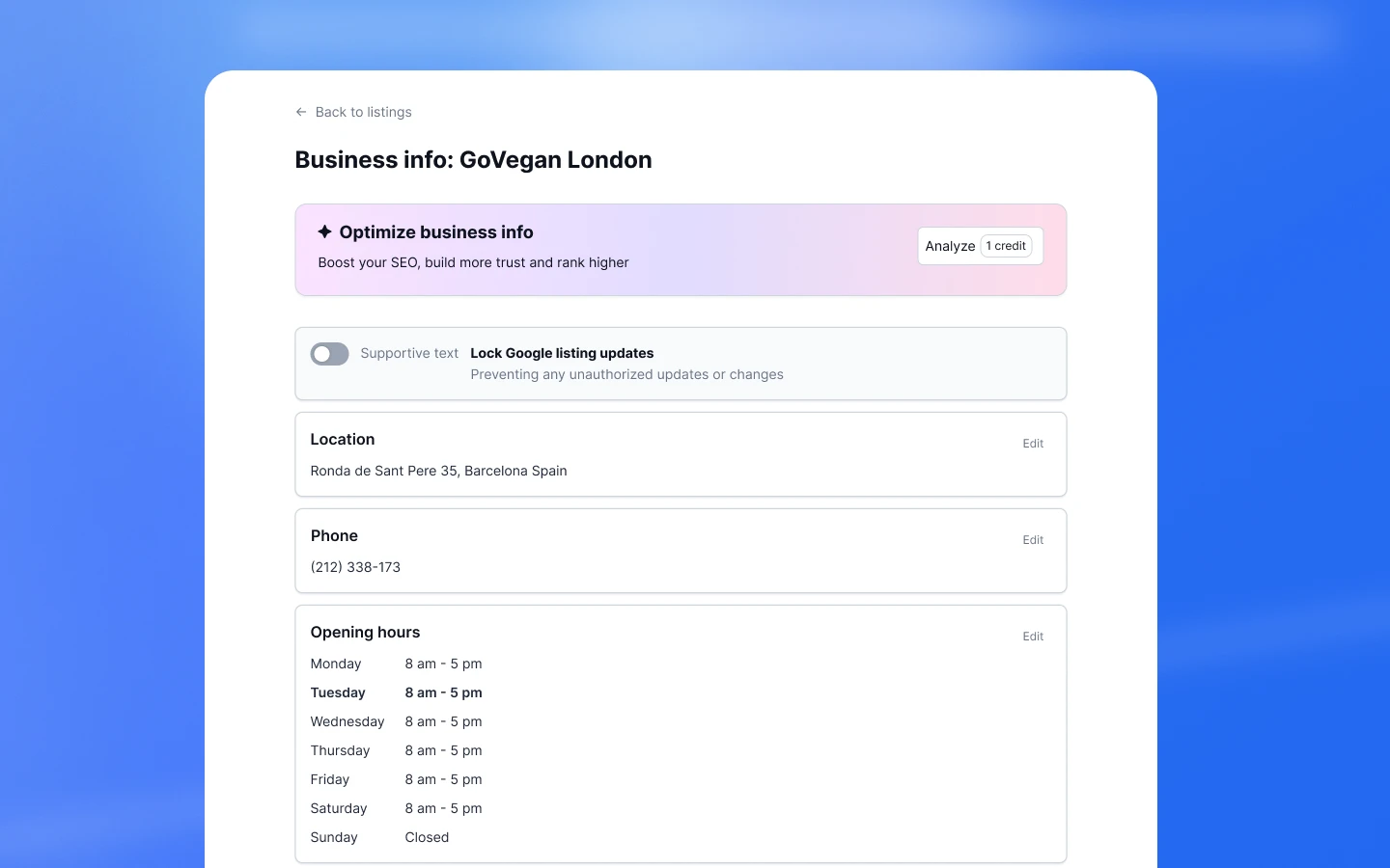 Vista de edição de ficha individual para atualizar campos do perfil do negócio