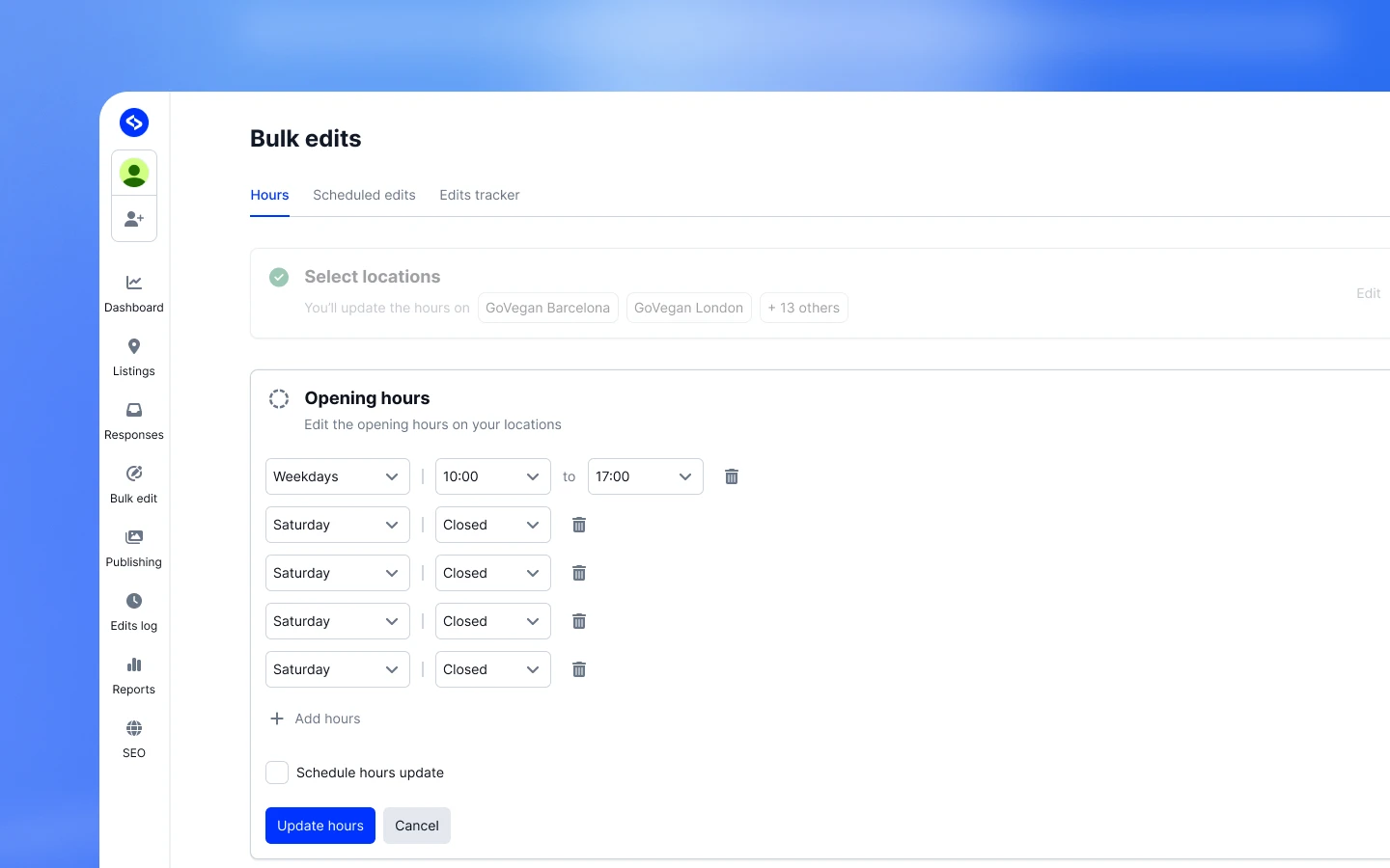 Atualização de horários em massa com controlos de dia e hora