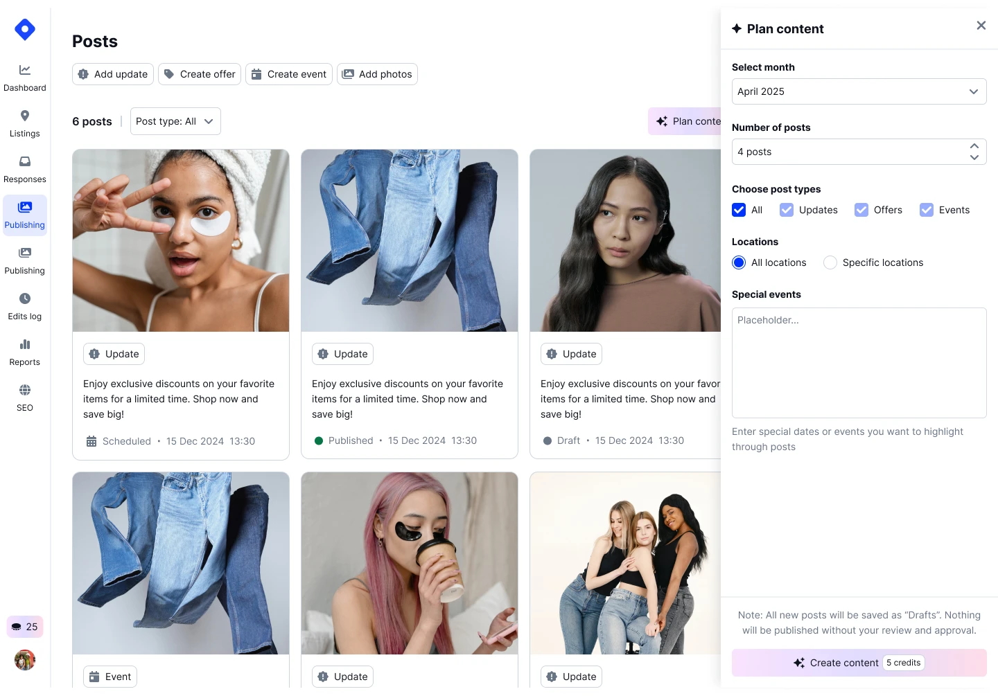 Interface de Planeamento de Conteúdo com IA mostrando tópicos sugeridos e agendamento de publicações para Google Posts