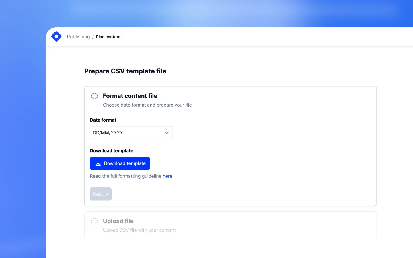 Fluxo de carregamento CSV em massa mostrando o botão de planear conteúdo e a interface de carregamento de ficheiro