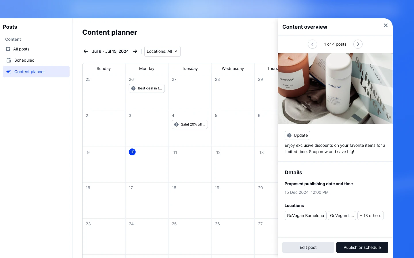 Calendário de conteúdo com Google Posts agendados e publicados em várias localizações