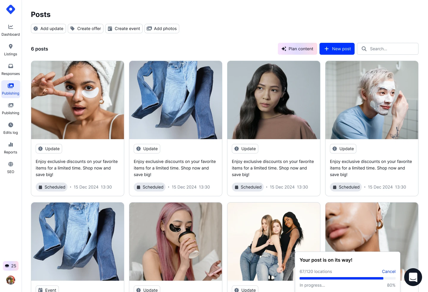 Secção de publicação com botão de nova publicação