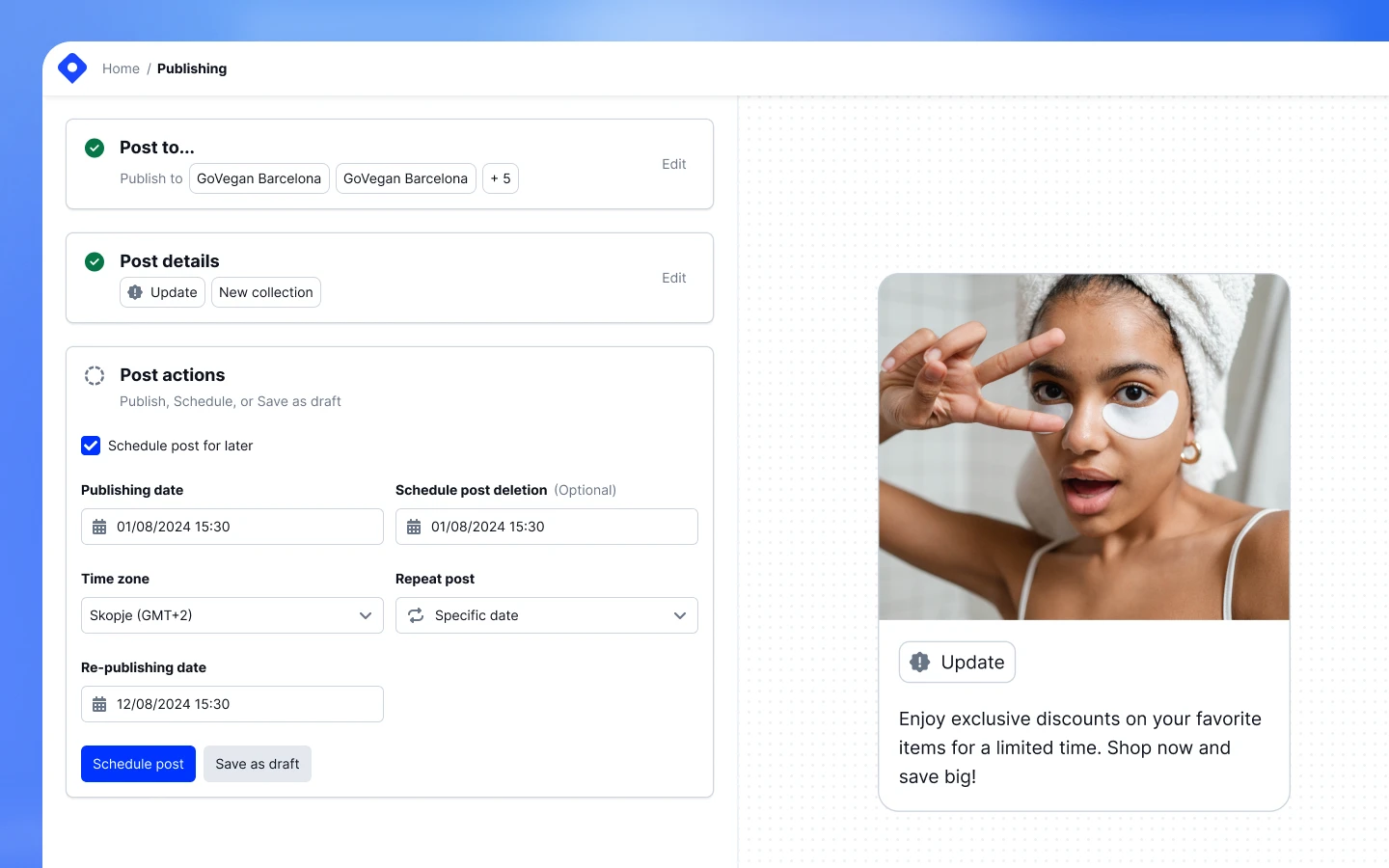 Definições de agendamento para um Google Post mostrando data, hora e opções de expiração
