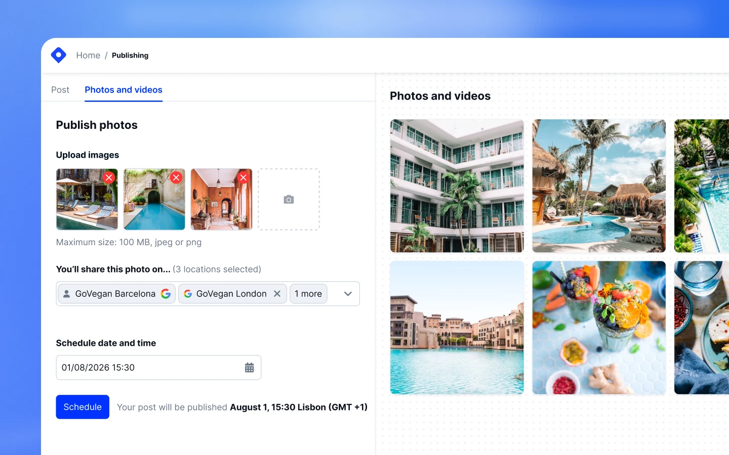 Caixa de diálogo de carregamento de fotografias em massa mostrando a área de carregamento de imagens e o seletor de múltiplas localizações